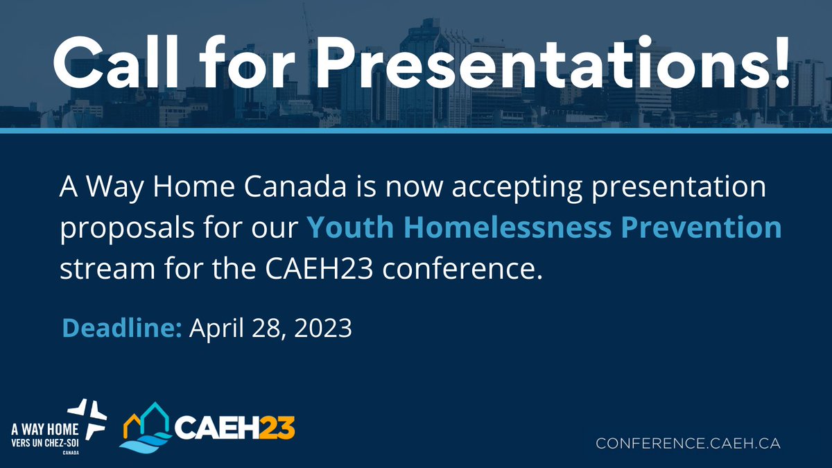 Are you interested in sharing your research and knowledge about #YouthHomelessness prevention at the #CAEH23 conference? If so, submit a presentation proposal to our Youth Homelessness Prevention stream. For more information, visit: bit.ly/3xc8MlB @CAEHomelessness