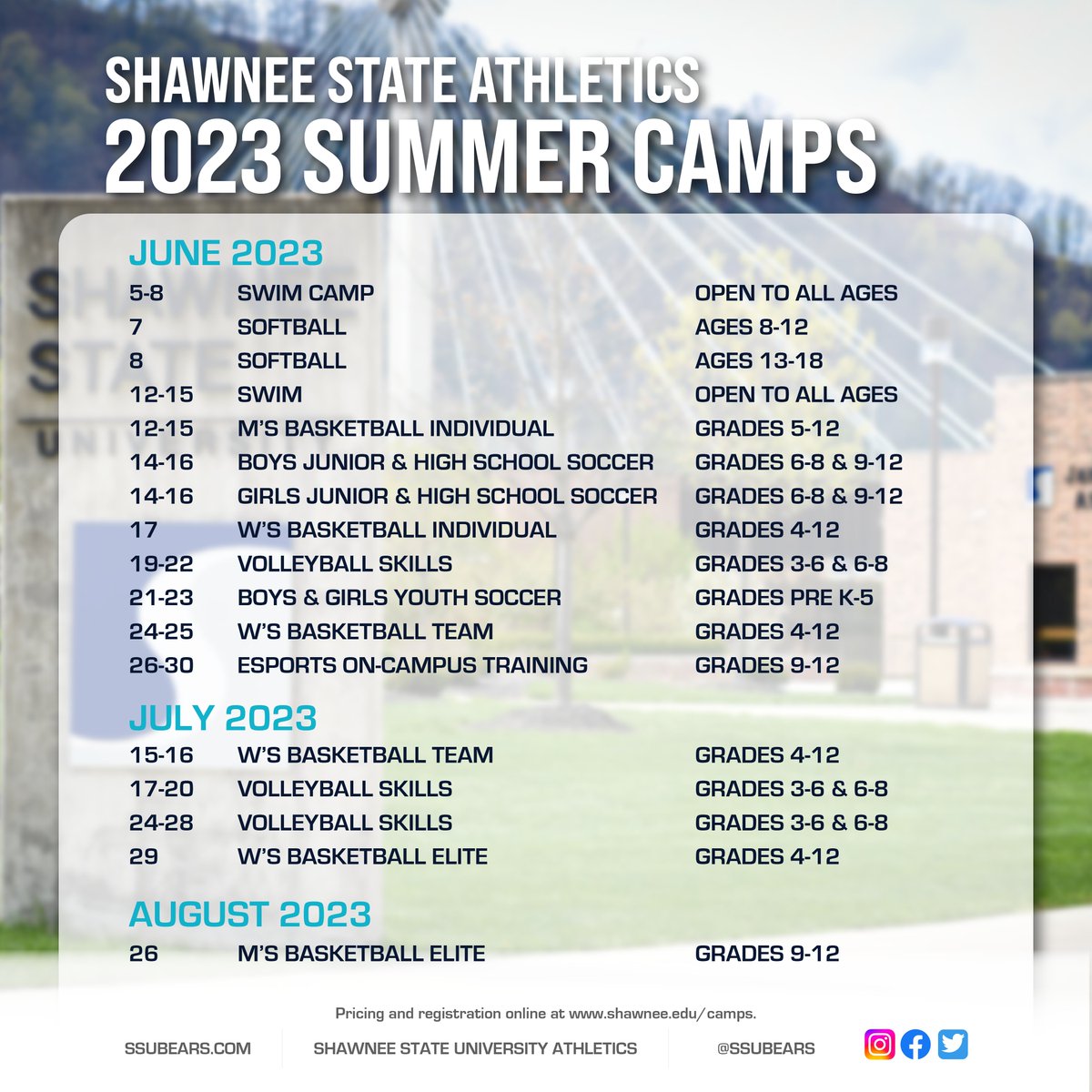 SSUBears's tweet photo. We're getting ready for the summer! Make sure to register your child for an upcoming Summer Camp with the #SSUBears!
Β» https://t.co/Rxt8FWN5ca https://t.co/GONBXdJ1Q5