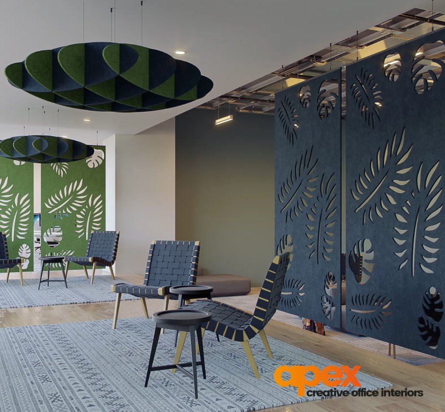 Suspended acoustic screens designed to create a sense of quiet and calm to different zones within busy office environments.  Made from 60% recycled PET and featuring a range of designs.  Ideal solution for open-plan, flexible and co-working spaces #officedesign #acousticscreen
