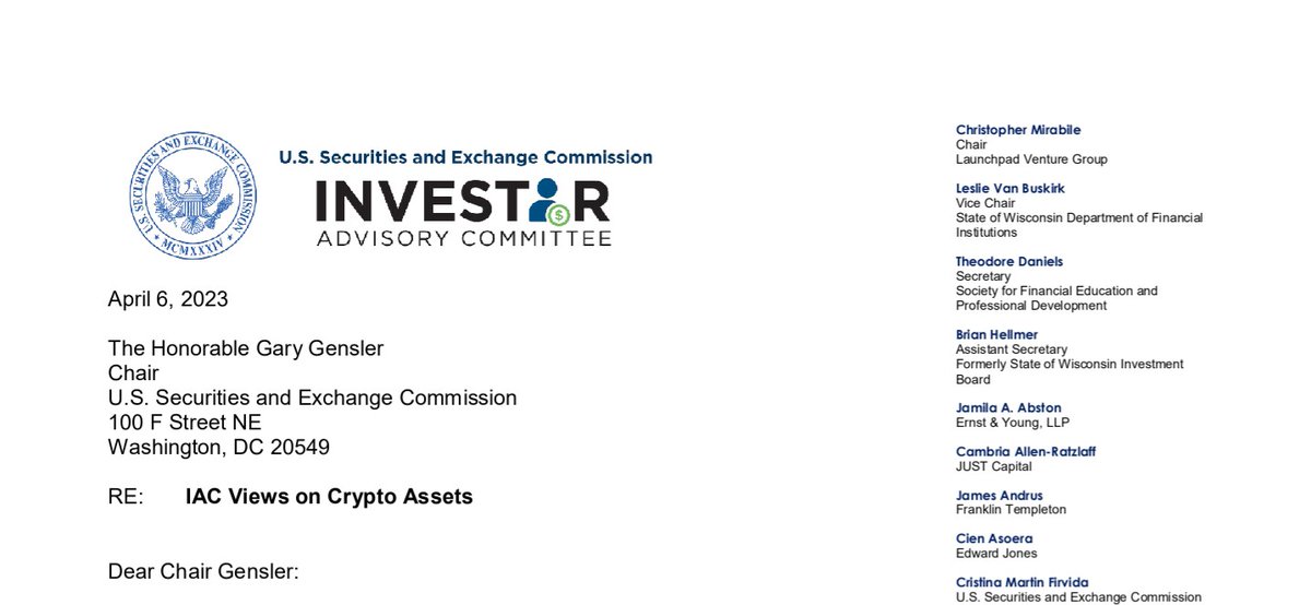 lex_node's tweet photo. Investor Advisory Committee to SEC ("independents" advising SEC on desirable policy to protect investors) recommends SEC treat essentially all tokens as securities and pursue aggressive enforcement... argues crypto harms racial minorities

infuriating take but par for the course https://t.co/eJFMNQaP1e