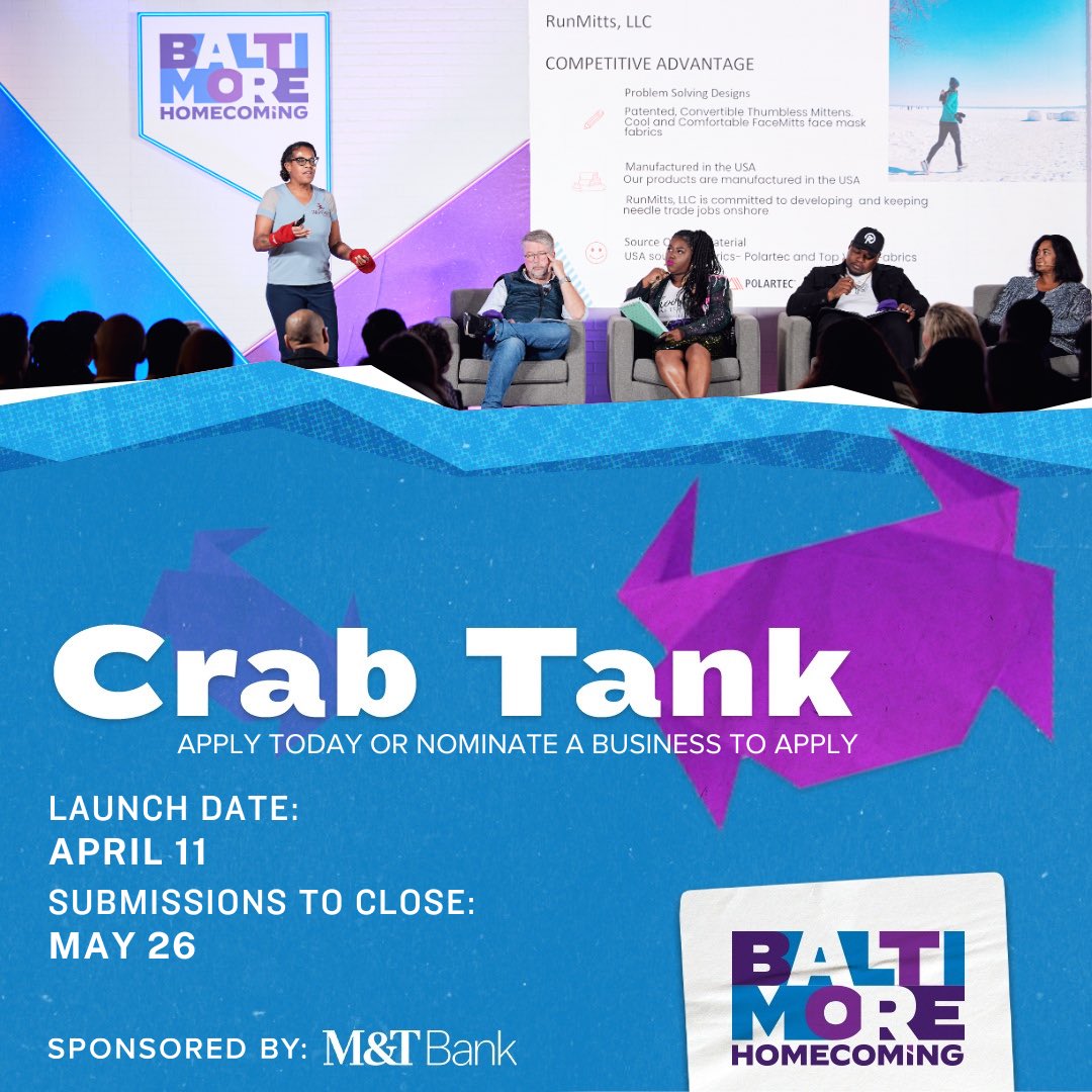 #CrabTank, sponsored by M&amp;T Bank, is a startup pitch competition that  offers  businesses and entrepreneurs a chance to win $25k.

Apply now on Baltimore Business Journal's website: bizjournals.com/baltimore/prom…

Nominate here: bizjournals.com/baltimore/nomi…