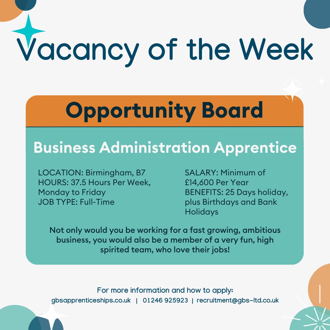 GBSApprentices's tweet photo. 📣Vacancy of the Week📣

Are you looking for an exciting opportunity to kickstart your career in business administration? Look no further! 😃

For more info and how to apply👇
🌐: https://t.co/WbvqAReqzf

#jobs #apprenticeships #businessadmin #furthereducation #birmingham https://t.co/gQnMfX7O2b