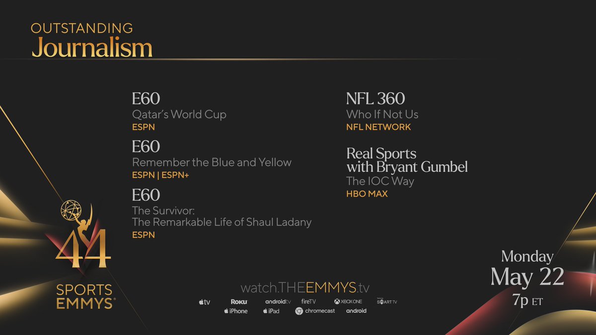 #sportsemmys nominees for Journalism are,
E60: Qatar's World Cup @e60 (<a href="/espn/">ESPN</a>)
E60: Remembering the Blue and Yellow @jeremyschaap
E60: The Survivor 
NFL 360: Who If Not Us @kylebrandt (<a href="/nflnetwork/">NFL Network</a>)
Real Sports with Bryant Gumbel: The IOC Way <a href="/IsobelYeung/">Isobel Yeung</a> @realsportshbo (<a href="/hbomax/">HBO Max</a>)