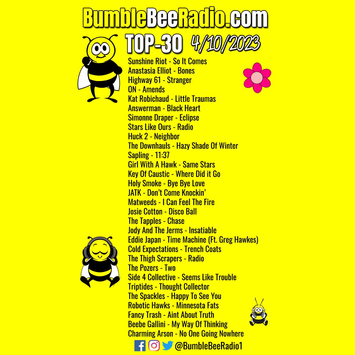 Tues 4/11/23: BumbleBee Radio #Top30 including music from @SunshineRiot, @AnastasiaElliot, @Highway61LA, @OnBandOffical, @KatRowbeeshow, @SimonneDraper, @StarsLikeOurs1, @JATKtheBand, @Josie_Cotton, & much more!🐝📻🎶🎵 BumbleBeeRadio.com #Indie #Alternative #InternetRadio
