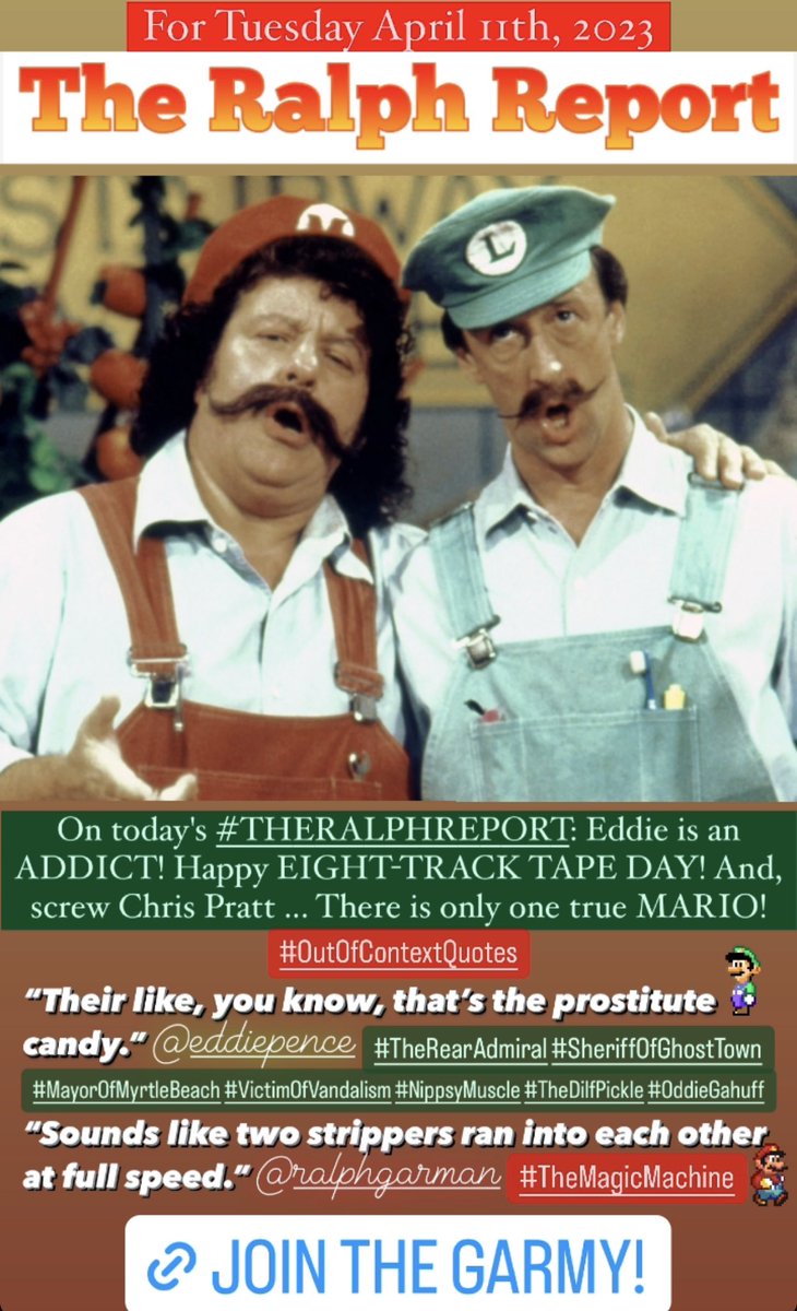 TRRFanPage's tweet image. Don&apos;t miss out on Tuesday&apos;s episode of #TheRalphReport with @RalphGarman and @EddiePence! Join them for a fun-filled show featuring Holiday or Holinay, Tongue Twister Tuesday, TV Tunes, and more. Become a #Garmy member today for access: patreon.com/theralphreport #GarmyStrong