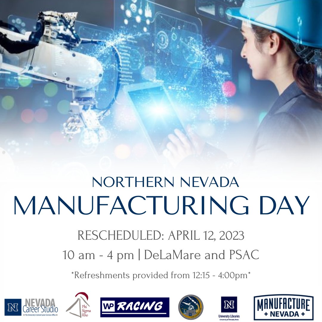 unevadareno's tweet photo. Tomorrow, @NVCareerStudio presents Northern Nevada Career Manufacturing Day! The event will take place April 12, 10 am - 4 pm, in @DeLaMareLibrary and the Pennington Student Achievement Center. Business casual dress is encouraged! Learn more at https://t.co/HyGJU4tjrZ https://t.co/GA5a4B8AuD