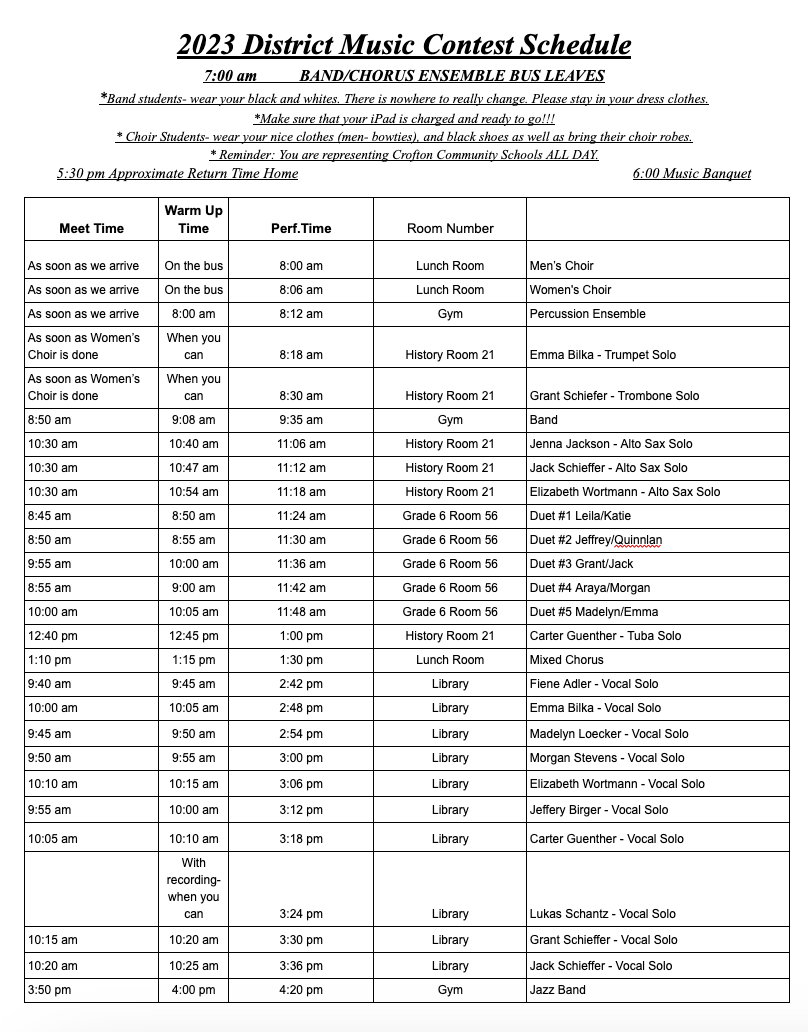 Please check out our District Music Schedule below!
District Music Contest will be held in Osmond on April 21st!