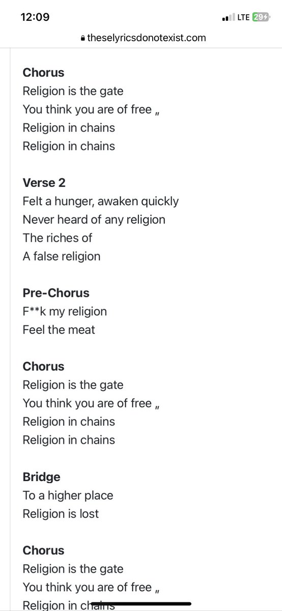 I told an AI lyric generator to write a sad metal song about religion. “Fuck my religion/ Feel the meat” lowkey goes feral