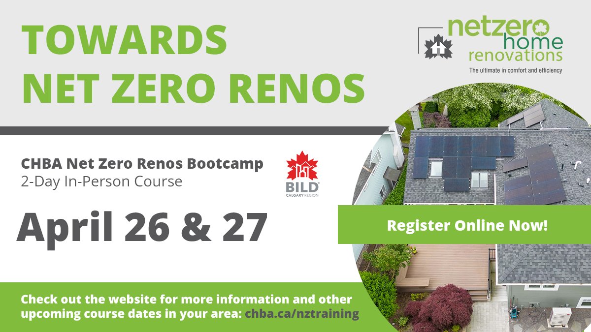 chbanetzero's tweet photo. Reminder for renovators in Calgary | Want to renovate homes to Net Zero? Sign up for these in-person #CHBANetZero Renos Bootcamp dates hosted by @BILDCR.

➡️ April 26 &amp; 27 | 8am-5pm MDT
*Advanced Building Science (or equivalent) is a prerequisite

Sign up: https://t.co/7rpSMl2mIw https://t.co/6DHat8Ki0F