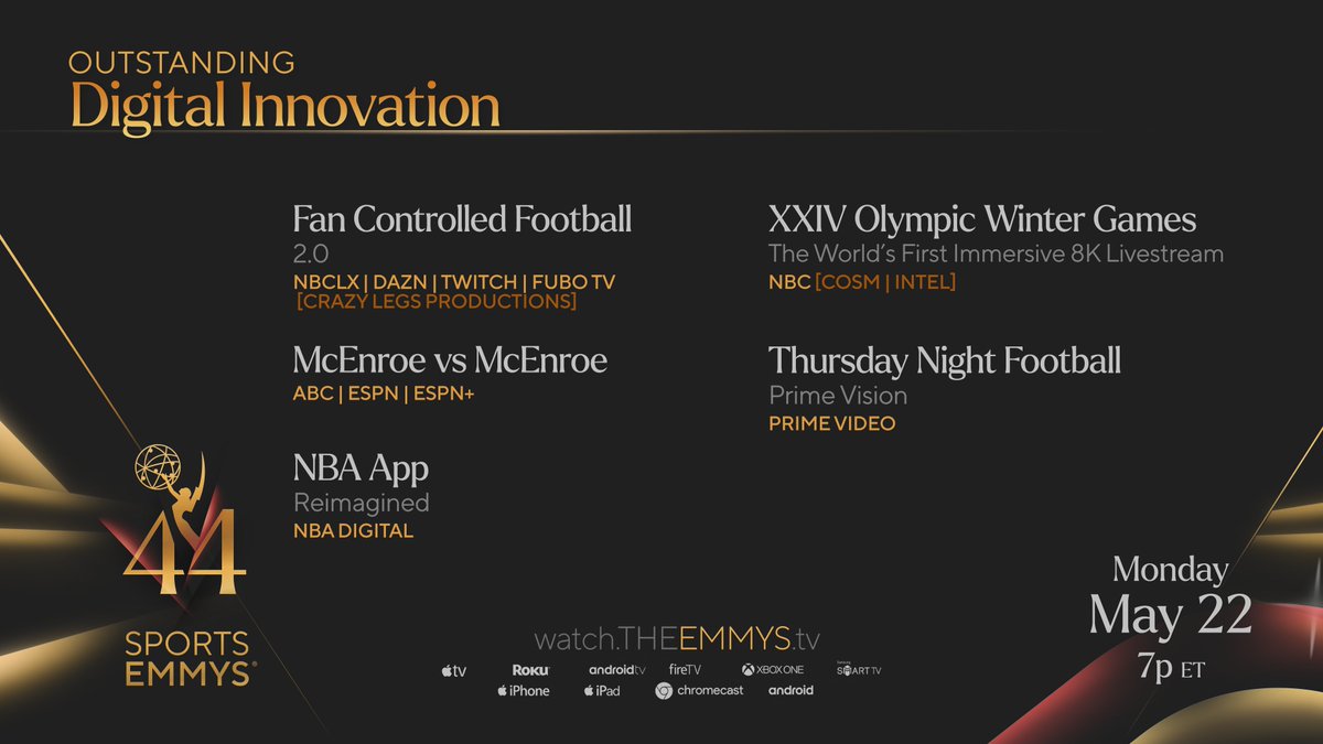The #sportsemmys nominees for Outstanding Digital Innovation are,
Fan Controlled Football (@NBCLX @dazngroup @fuboTV) 
McEnroe vs McEnroe (@abcnetwork)
NBA App (@nba)
XXIV Olympic Winter Games (@NBCSports @intel)
Thursday Night Football @nflonprime (@primevideo)