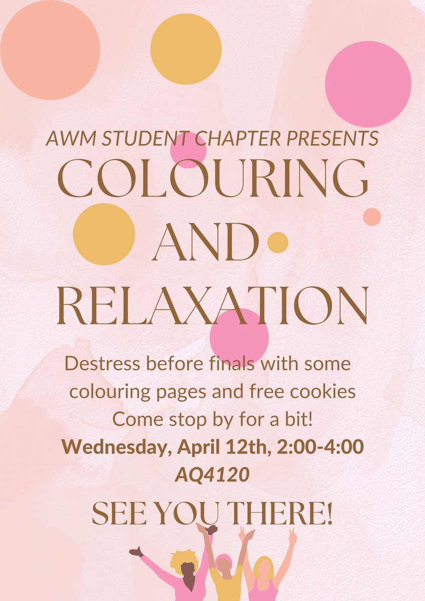 Looking for a break from studying? The @SFU @AWMmath Student Chapter is hosting a Colouring and Relaxation event! There will be colouring books and pencils available. Drop in for as long as you'd like! 🗓️ Tomorrow (Wednesday, April 12) ⏰ 2:00pm - 4:00pm 📍 AQ 4120