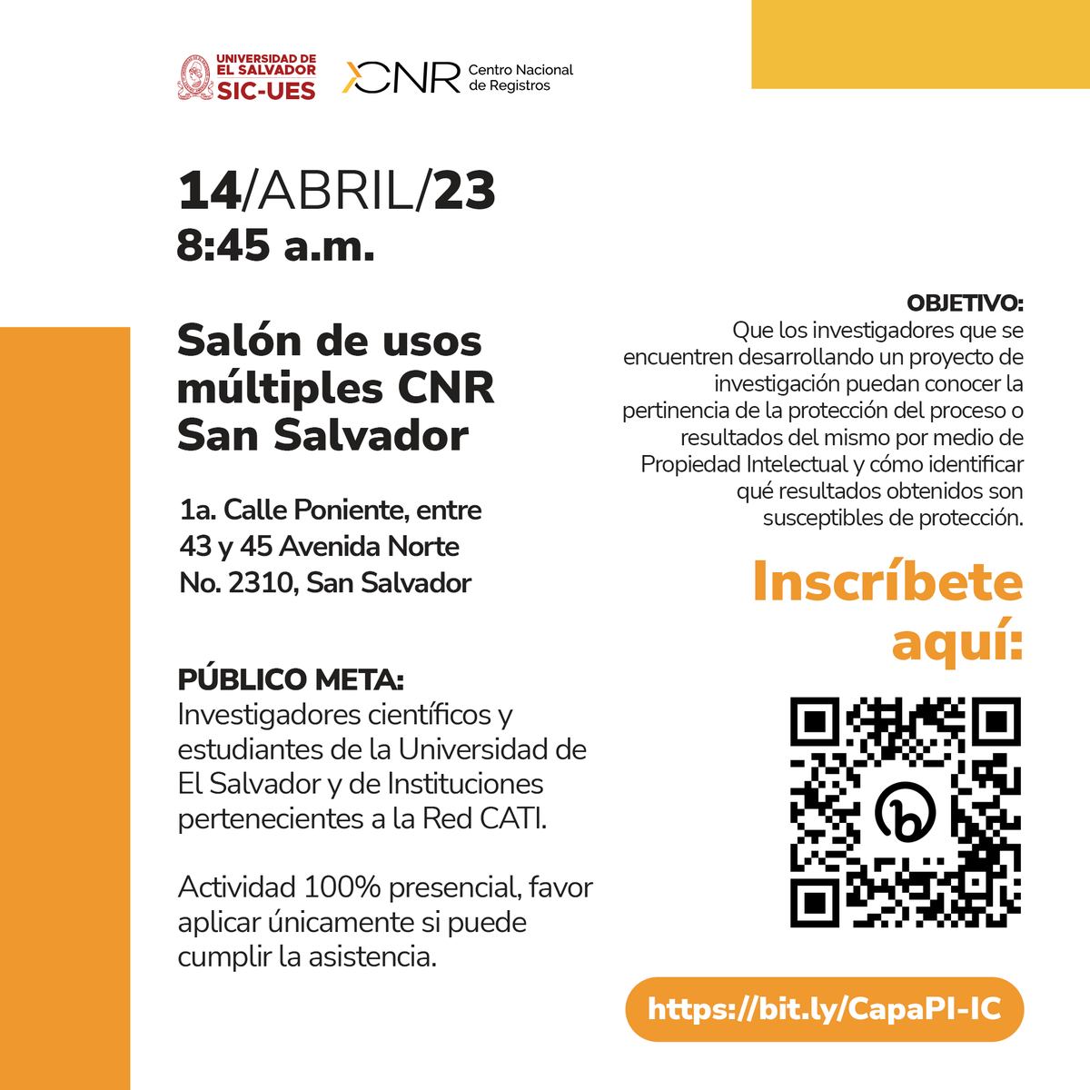 sicues_sv's tweet photo. 📣 ¡Aún puedes inscribirte! 📣
La @uesoficial, a través de la #SICUES y con el apoyo del @CNRSV , te invitan a participar en la capacitación "La Propiedad Intelectual aplicada a la Investigación Científica ¿Cómo identificar qué debo proteger de mi investigación?" https://t.co/IC0EaJVOac