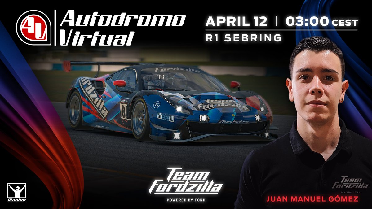 It's nearly Round 1⃣ of the Autódromo Virtual on <a href="/iRacing/">iRacing</a>! 

🏁 Sebring
🕒 12th at 03:00 CEST
🏎️ #TeamFordzilla's <a href="/jmgomez34/">Juan Manuel Gómez</a> 
📺 twitch.tv/autodromo_virt…