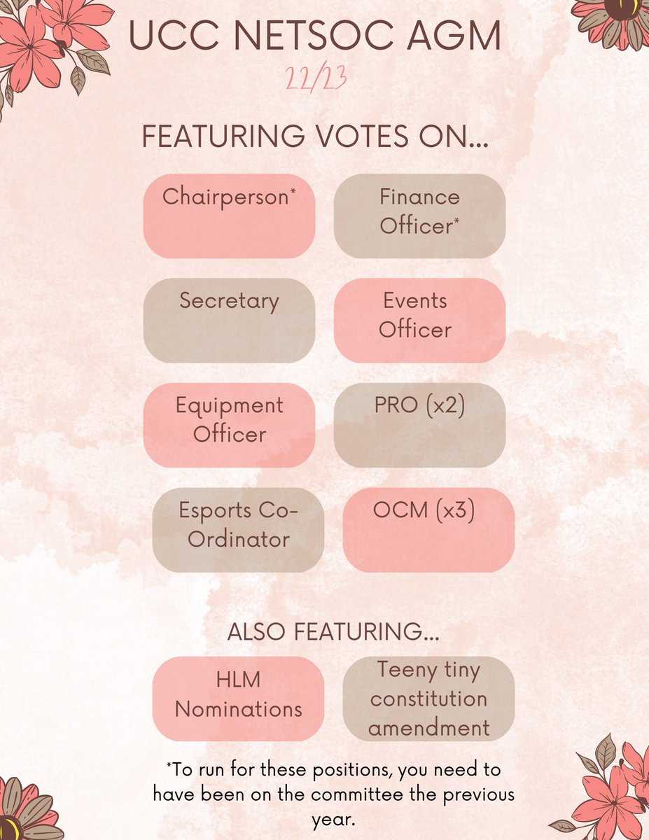 We're holding our AGM on Thursday the 13th of April at 6pm!

If there's someone you think did exceptional work for the Society this year, click this link to nominate them as a HLM: forms.gle/hZuUZXYRCWpxaL…

The AGM link will be emailed to Netsoc members. See you all there!