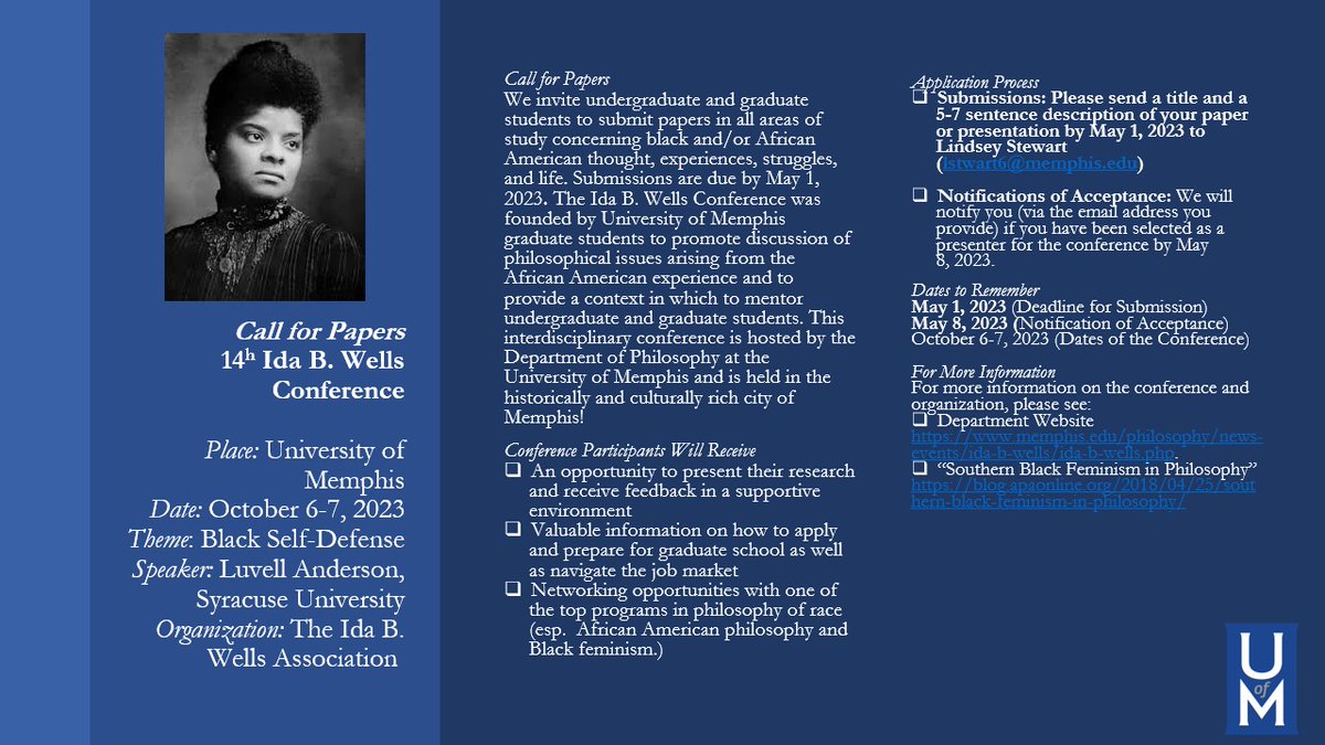 Undergrads and Grads: consider submitting something for the Ida B Wells Conference at the University of Memphis. A good time will be had by all...