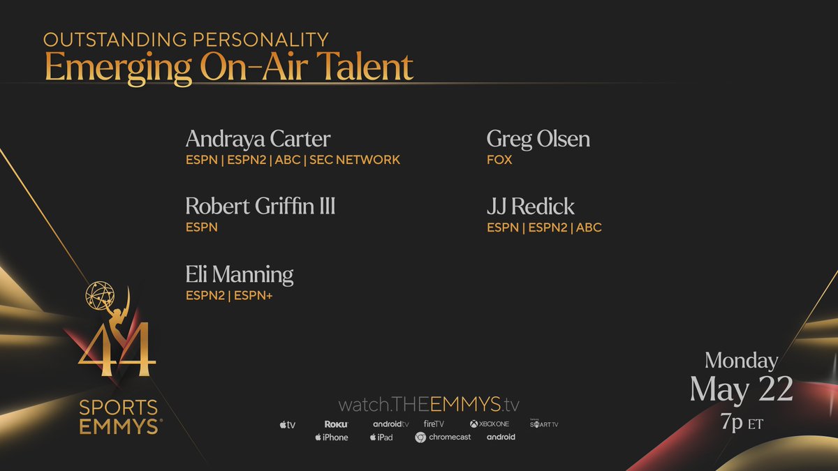 sportsemmys's tweet photo. The #SportsEmmys Nominees for Emerging On-Air Talent are:
- @Andraya_Carter (@espn @abcnetwork @secnetwork)
- @rgiii (@espn)
- @elimanning (@espn)
- @gregolsen88 (@foxsports)
- @jj_redick (@espn @abcnetwork) https://t.co/YaqRplFDi3