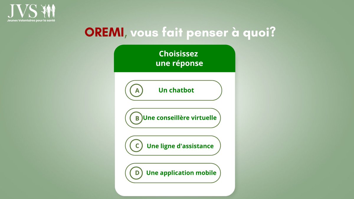 Quiz sur vous mainon!😂
Petite #QCM rapide pour remuer les méninges
Lorsque vous entendez "OREMI" qui signifie en yoruba "Mon ami.e", à quoi est-ce qu'on pourrait, selon-vous, attribuer ce nom❓
Choisissez la bonne réponse 👇
A vos claviers... Top c'est parti
#DSSR #AmieDesJeunes