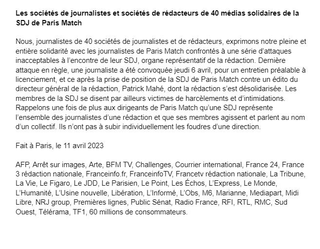 Les sociétés de journalistes et sociétés de rédacteurs de 40 médias, dont la <a href="/SJPLibe/">SJPL</a> de <a href="/libe/">Libération</a>, solidaires de la SDJ de Paris Match qui fait l'objet d'attaques de la part de sa direction