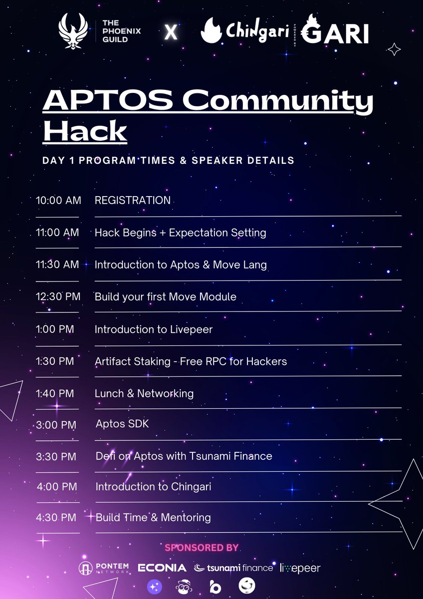 PhoenixGuildHQ's tweet photo. 🎉 Drumroll please! 🎉 The Phoenix Guild presents the agenda for Day 1 of the @Aptos_Network Community Hack by @Chingari_IN - get ready for an action-packed day of innovation, collaboration, and fun! 

10:00 AM JST Time 
📍Shiroyama Trust Tower
#AptosHack #PhoenixGuild #ETHTokyo https://t.co/uYqAzn6TIY