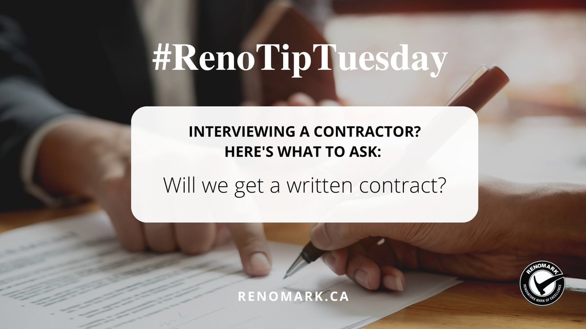 RenoMark_ca's tweet photo. #RenoTipTuesday. The contract sets out the agreement between you and the renovator. If it’s not in writing, you have no proof that you and the renovator have agreed to the same thing. https://t.co/yRhmvSuvBZ