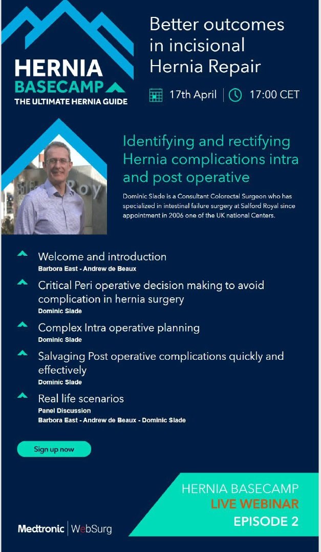 #HerniaBasecamp is LIVE!
'Better outcomes in #IncisionalHernia repair – complication management' 
🗓️ 17 April 2023 @ 5 pm CET
Register Now! ➡️ ircad-fr.zoom.us/webinar/regist…

 #HerniaLearnLive #cAWR #HerniaSurgery #HerniaFriends