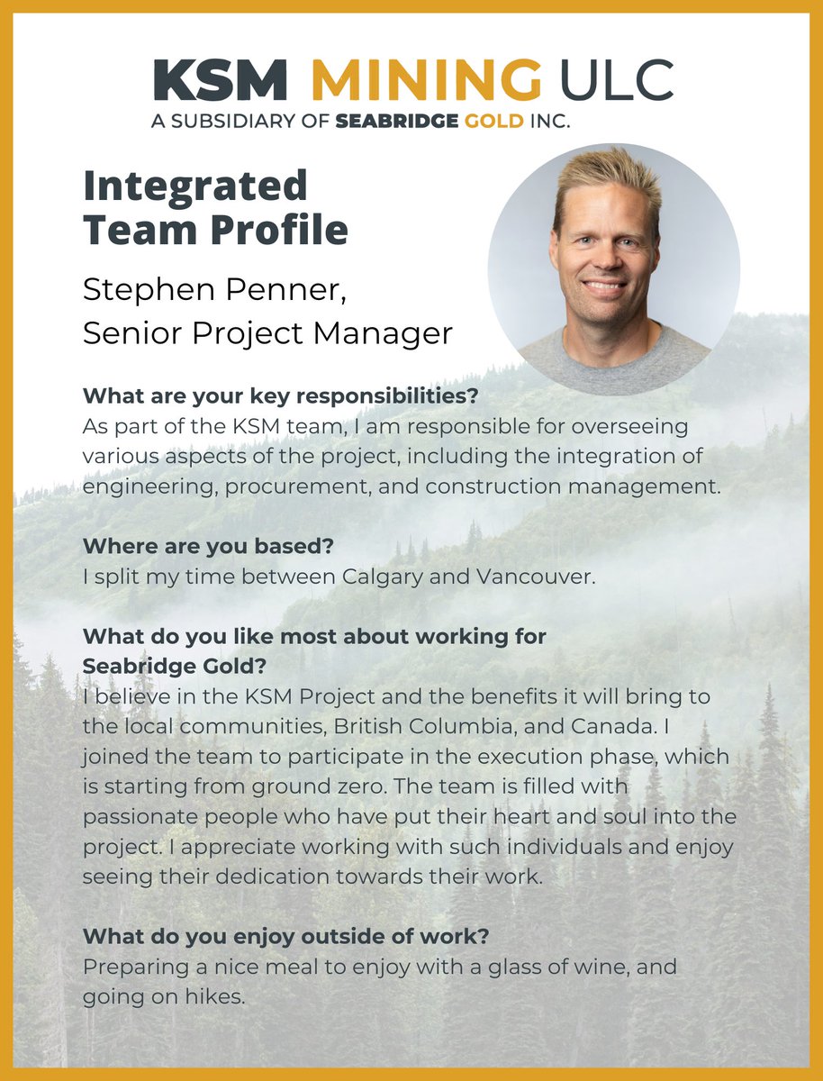 SeabridgeInc's tweet photo. #TuesdayTeamFeature Meet Stephen Penner, a valued member of the #KSM Integrated team! Read more about his role as Senior Project Manager in his profile below.
#KSMProject #SeabridgeGold #TeamProfile #EmployeeAppreciation #mininginBC https://t.co/JBQgjWqgfC
