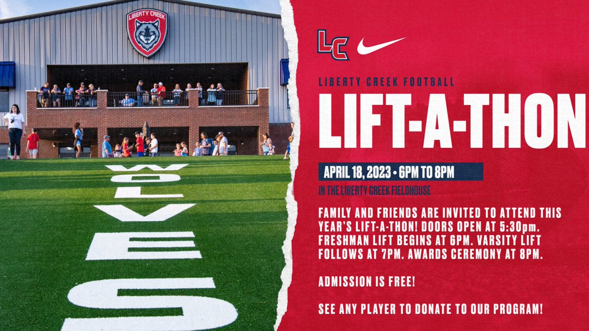 ‼️LIFT-A-THON‼️

We are officially 1 week away from our 1st annual Lift-A-Thon! 
Information for the event is below. If you'd like to donate to our program please see any player! #OnePack