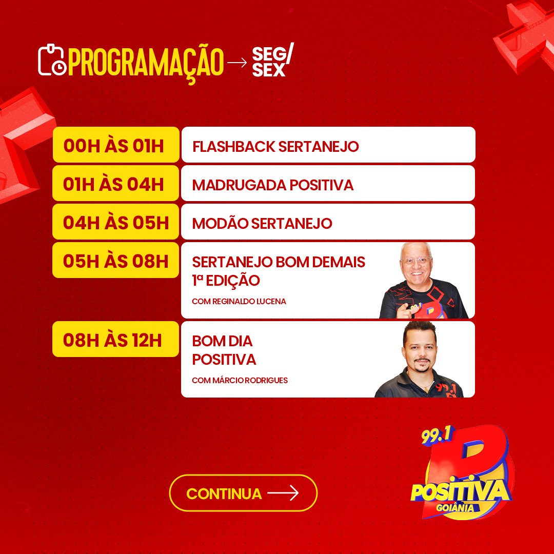 PositivaFM's tweet photo. Confira a programação da Positiva FM. Sintonize aí na Sertaneja do Brasil! 📻🎶 https://t.co/SDOr4PKC4j