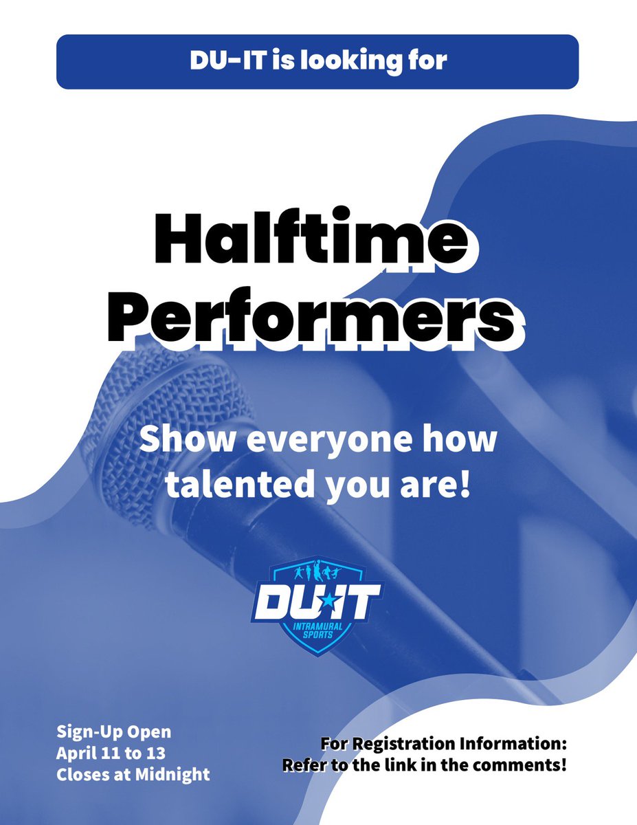 You think you can sing, dance, or rap? Then DU-IT is looking for you! DU-IT is looking for halftime performers to show the bleu devils who really has talent! Please use the link below to sign up: docs.google.com/forms/d/e/1FAI…