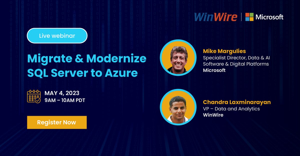 Join <a href="/WinWire/">WinWire</a> and <a href="/Microsoft/">Microsoft</a> for a live webinar on ‘Migrate and Modernize #SQLServertoAzure’ on May 4. 

We will dive into migration scenarios to move #SQLServer workloads to #AzureSQL services. 
Register - bit.ly/3mfcPuz