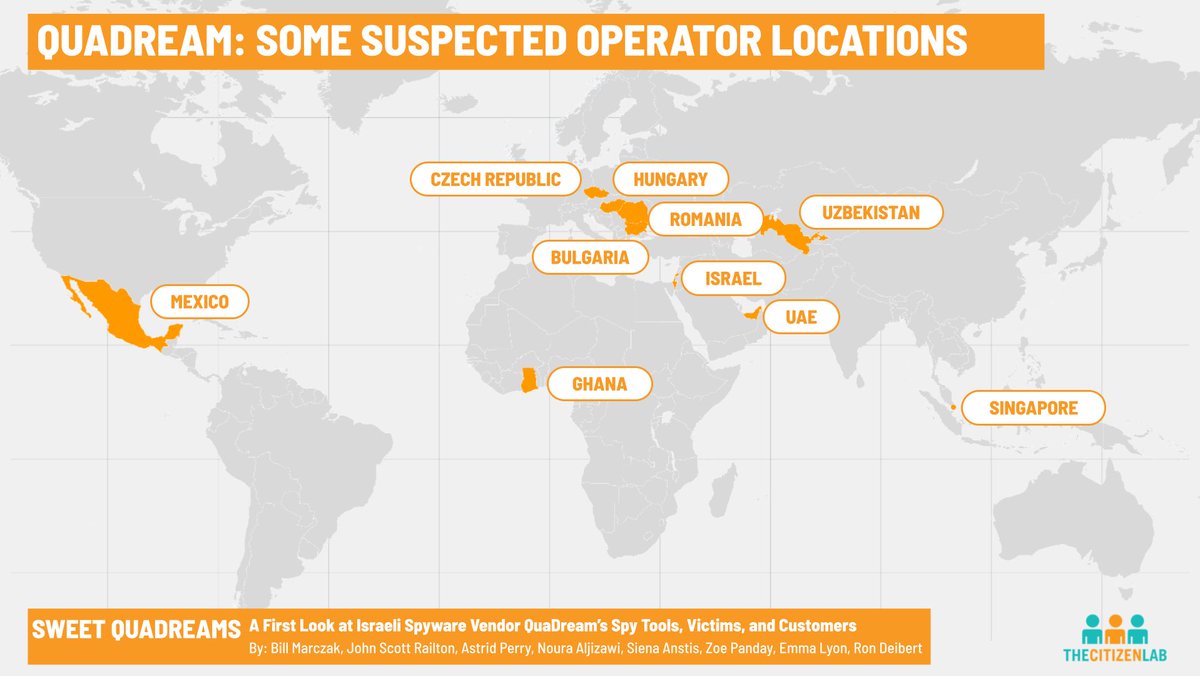 QuaDream is an Israeli company that specializes in development and sale of advanced digital offensive tech to governments. The map below is an illustration of suspected locations of QuaDream operations