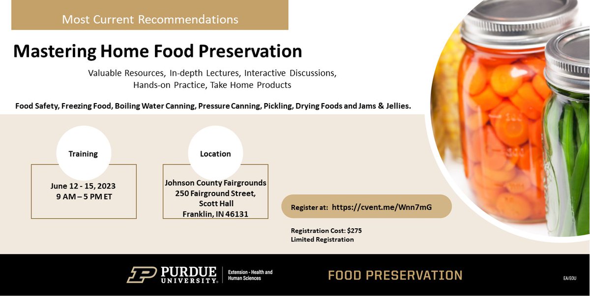 Mastering Home Food Preservation is a valuable resource that includes in-depth lectures, interactive discussions, and hands-on practice. Topics covered: food safety &amp; freezing food, boiling water canning, and more! Dates, times, &amp; cost below⬇️. cvent.me/Wnn7mG.