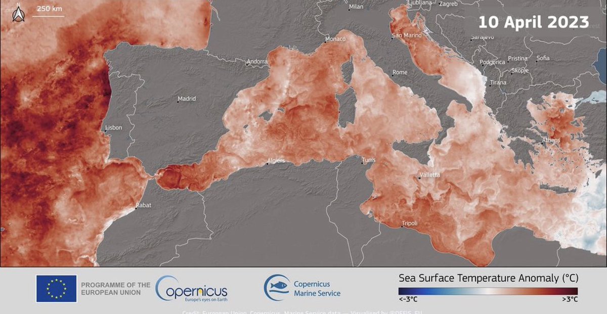 Dos imágenes para la reflexión cara a los meses de verano que no tardarán en llegar 1. Los Pirineos escasos de nieve que reflejan la intensa sequía que viven muchas zonas de la región 2. Temperaturas de agua bien por encima (+3C) de la media que nos rodean #Copernicus #sentinel3