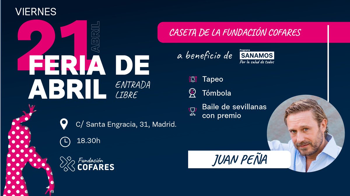 ¡Celebra con nosotros la Feria de Abril el próximo 21/04 en la caseta solidaria de la #FundaciónCofares! 

Destinaremos lo recaudado al Programa Sanamos, que facilita a las personas con pocos recursos el acceso a productos farmacéuticos.

Sevillanas, música de <a href="/juanpenaoficial/">JUAN PEÑA</a>...