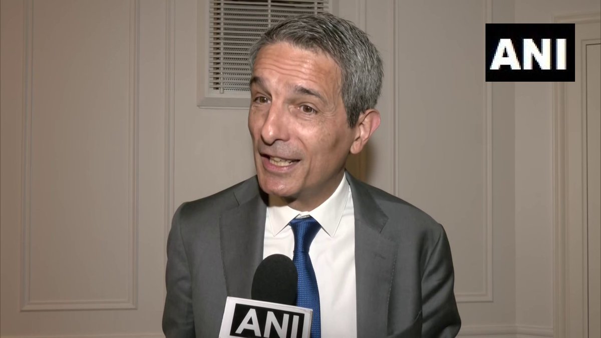ANI's tweet photo. Paris, France | We discussed the future of India and how to accelerate the growth of the economy of country... The future of India is very bright...It's a great place to do business. The country is growing very fast: Benoit Bazin, CEO Saint-Gobain on meeting with Union Minister of Commerce & Industry Piyush Goyal