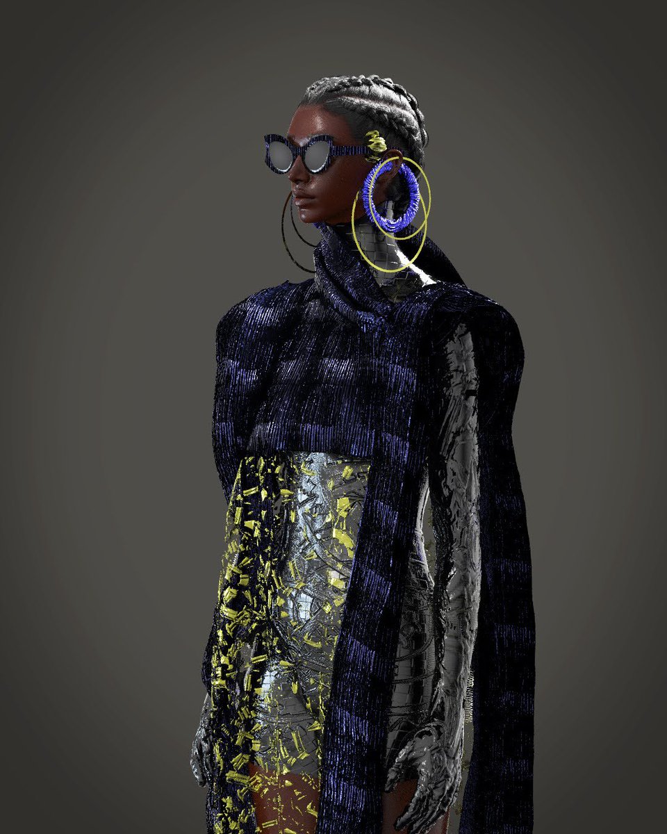 “Hybrid”
Jane Omukoro.
2023.

Inspired by an outlook of what a Dahomey Amazon would look like if she was an AI-Human hybrid,

#afrofuturism #digitalfashion #3dfashion #3dfashiondesign #3dfashiondesigner #fashiondesigner #Agbada #Nigerianfashion #clo3d #clo3dfashiondesign #nftart