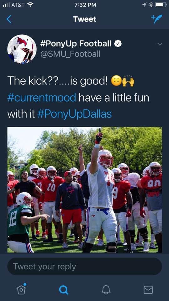 Bwebb_74's tweet photo. If only I had more Eligibility 😬#50yarder #FortheWin @SMUFB https://t.co/KPedmj9hhQ