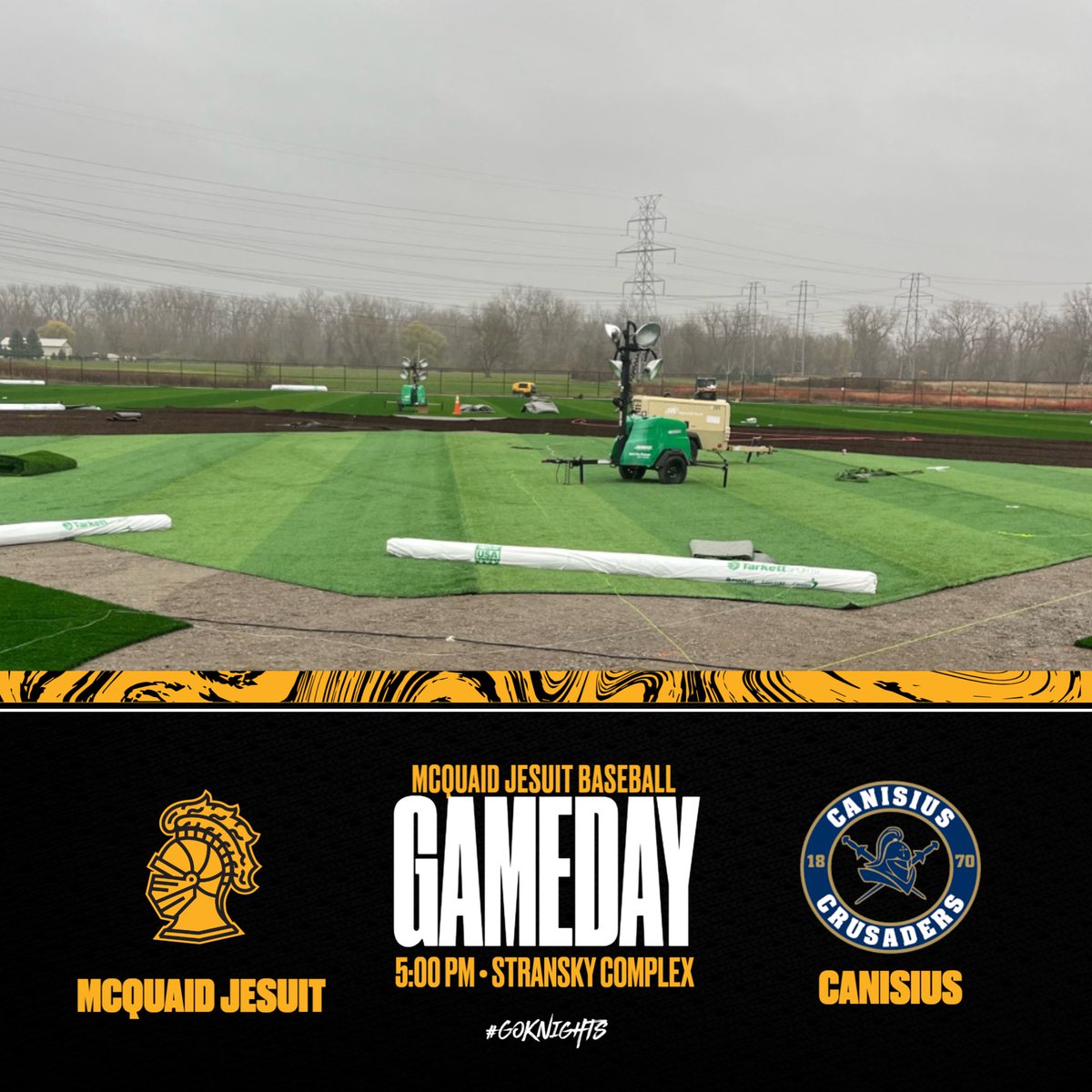 AthleticsMcQ's tweet photo. GAMEDAY! The baseball Knights travel west to Stransky Memorial Complex to take on our Jesuit brother Canisius. McQuaid is looking to build off their 5-1 start, Matt Wilmarth will be on the mound. #LetsGoKnights @mcquaidjesuit @mcquaidbaseball @baseballsectv @canisiushsbb https://t.co/noA9jI2v2y
