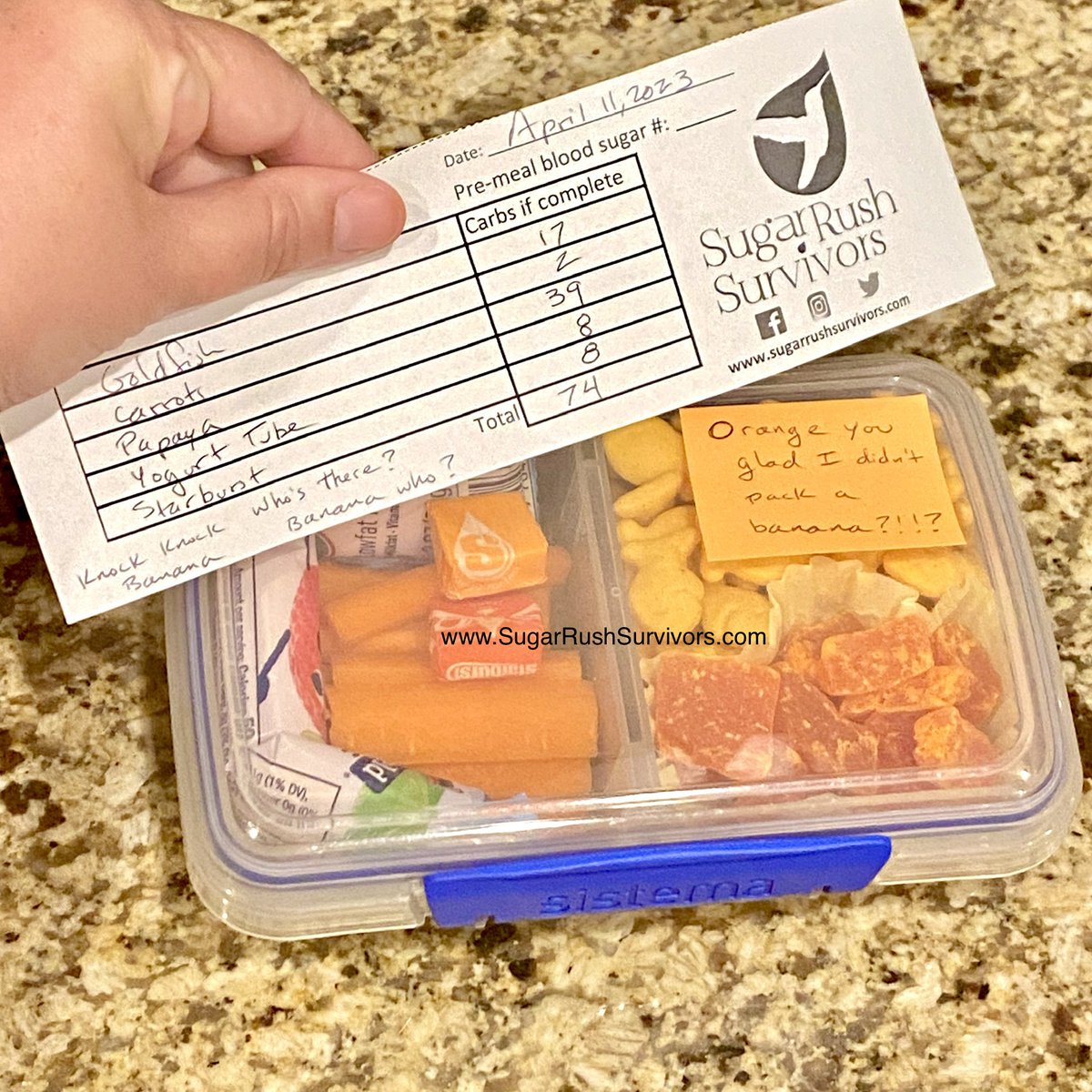 Contact_SRS's tweet photo. Mom joke incoming… maybe I’m loopy from packing lunches. 🤪 Maybe I was out of our usual foods. In any case, lunch turned orange and is guaranteed to get an epic eye roll. 🙄 The Grasshopper does not eat bananas. #WhatsForLunch #KnockKnock #CarbCount #SugarRushSurvivors https://t.co/kmJw0A84uQ
