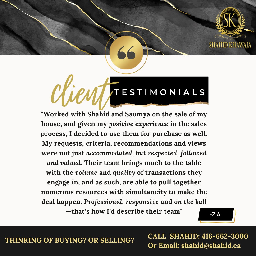 We are so grateful to have the privilege of serving the best clients! 

Looking to Buy? Or Sell?
Call Shahid: 416-662-3000
Or Email: shahid@shahid.ca
.
.
#RealEstateTestimonial #HappyClients