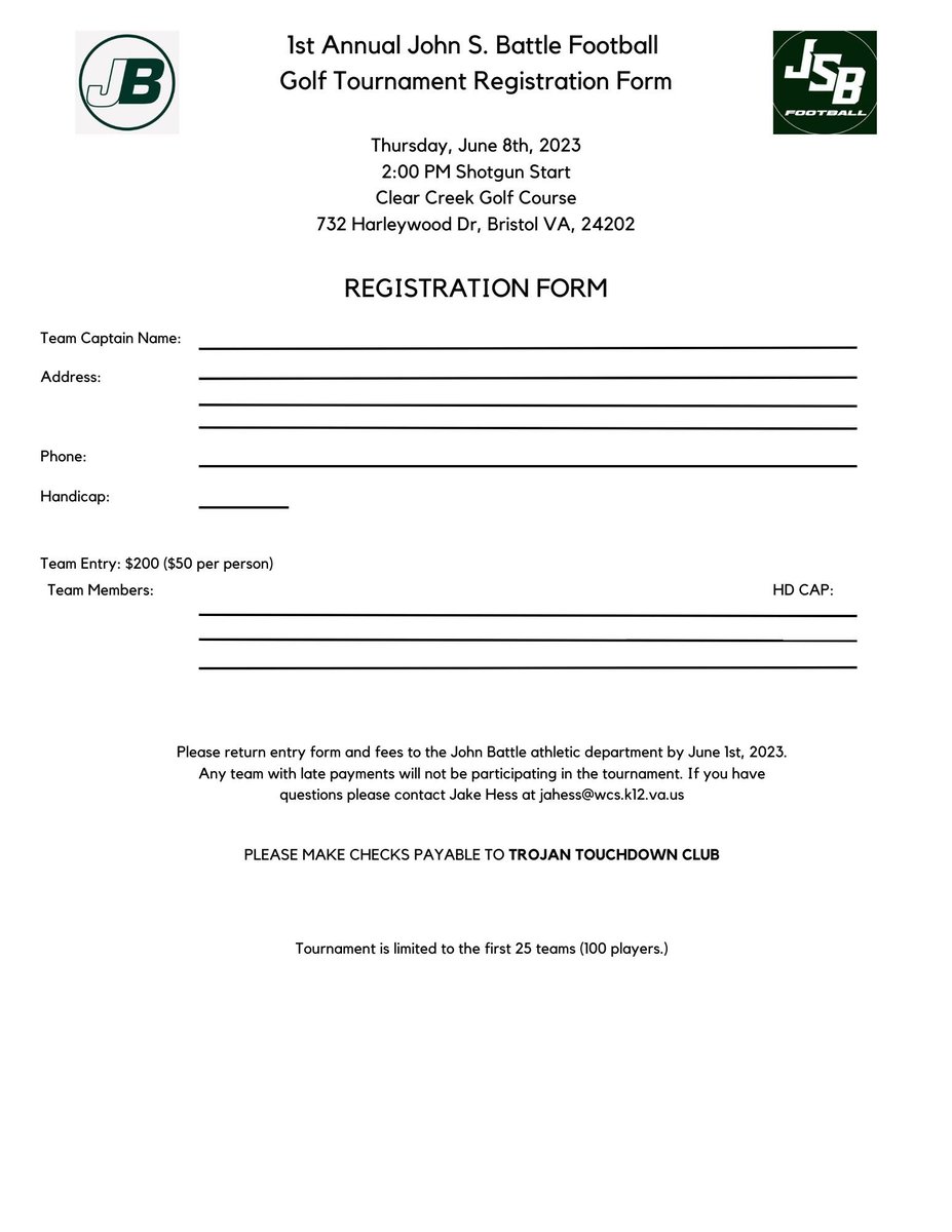 Come support John Battle Football by participating in the 1st Annual John Battle Football Golf Tournament!  Price: $50 per person ($200 per team.) If you are interested in sponsoring a hole it is $125 per hole. For more questions contact Jake Hess at jahess@wcs.k12.va.us