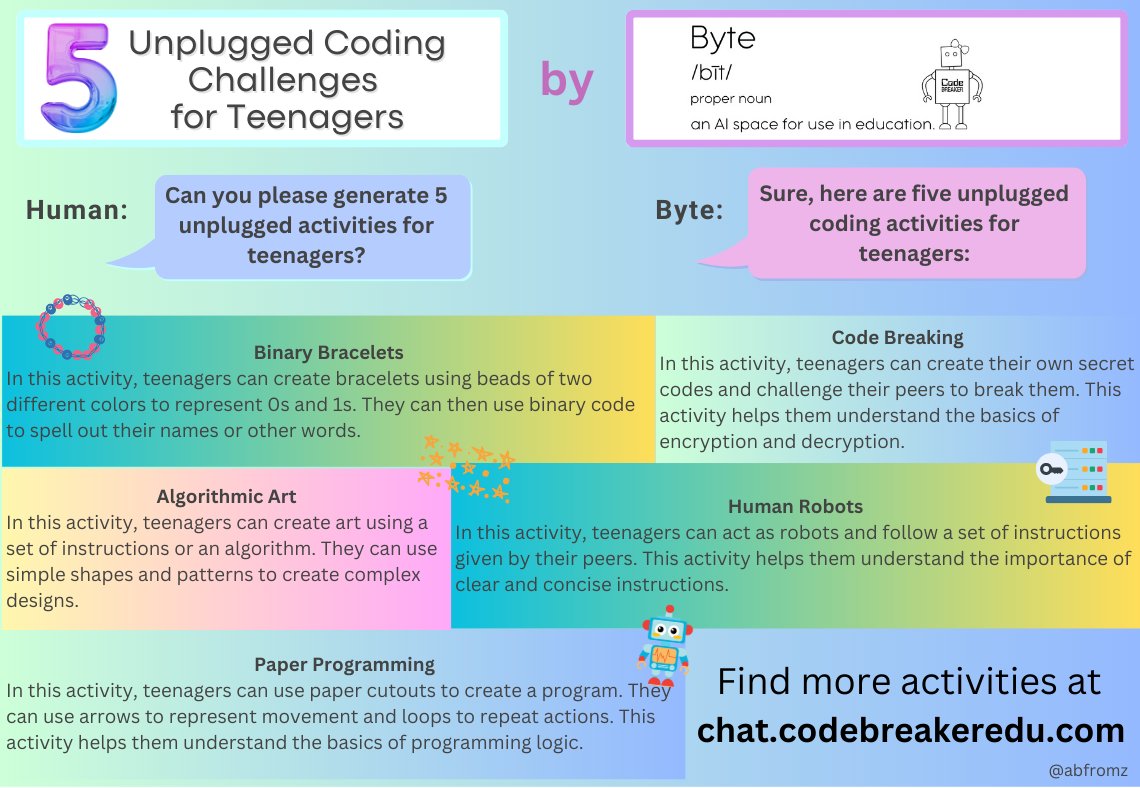 abfromz's tweet image. Here's my take on unplugged coding challenges for teenagers created with #CodeBreaker’s AI bot and inspired by @McMenemyTweets Find more fun ideas for activities at chat.codebreakeredu.com #unlockingAI #CodeWeekUnlockingAI #EUCodeWeek