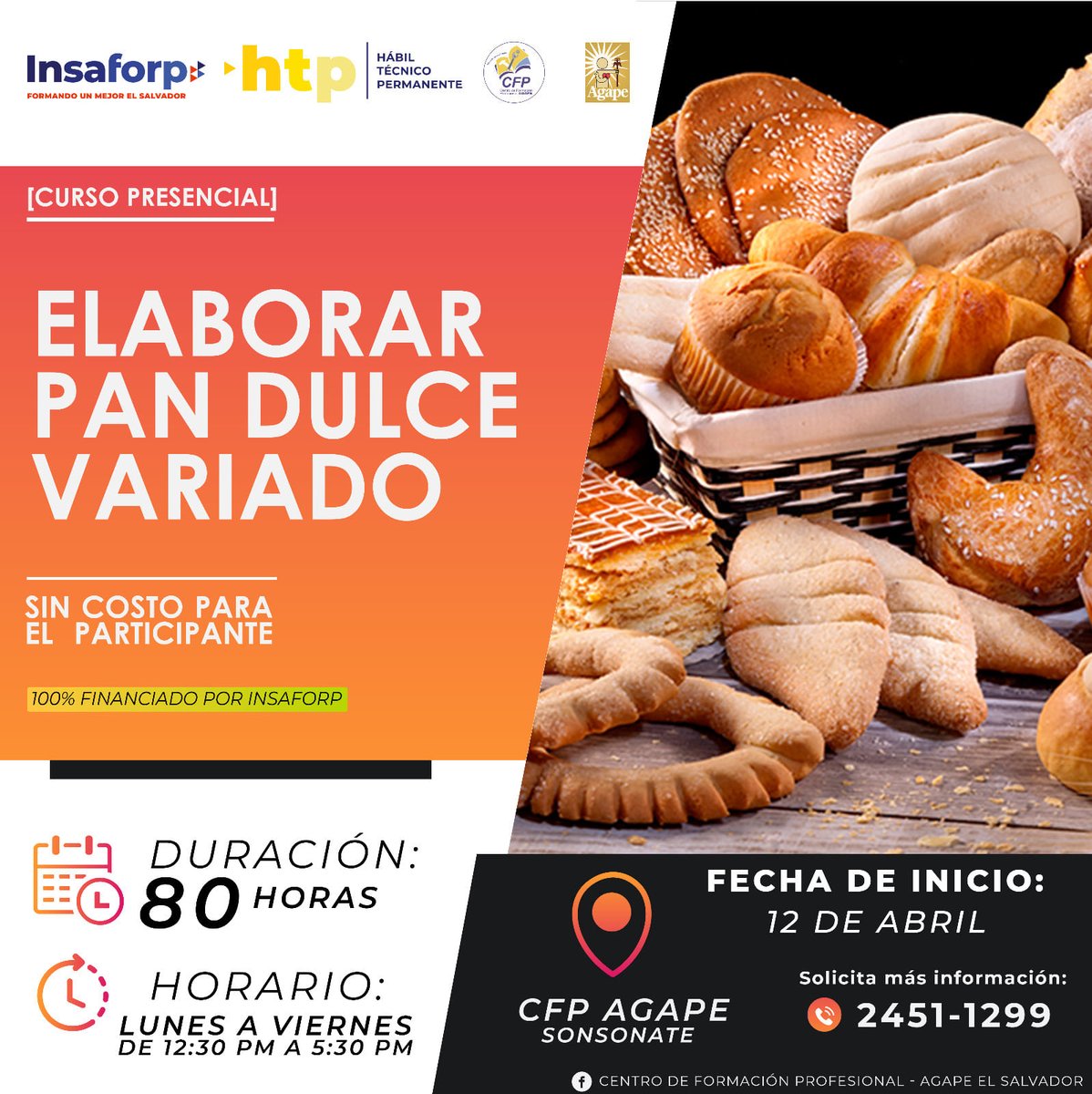 #SONSONATE 🇸🇻
Próximo curso por iniciar en <a href="/agapeCFP/">Centro de Formación Profesional-Agape El Salvador</a> sede #Sonsonate - #InscríbeteYa llamando al teléfono 2451-1299.

Forma parte de nuestra #ComunidadCFP 🧑‍🍳
Todos los cursos son 100% financiados por <a href="/Insaforpsv/">Crecimiento Personal</a> sin costo para el participante.