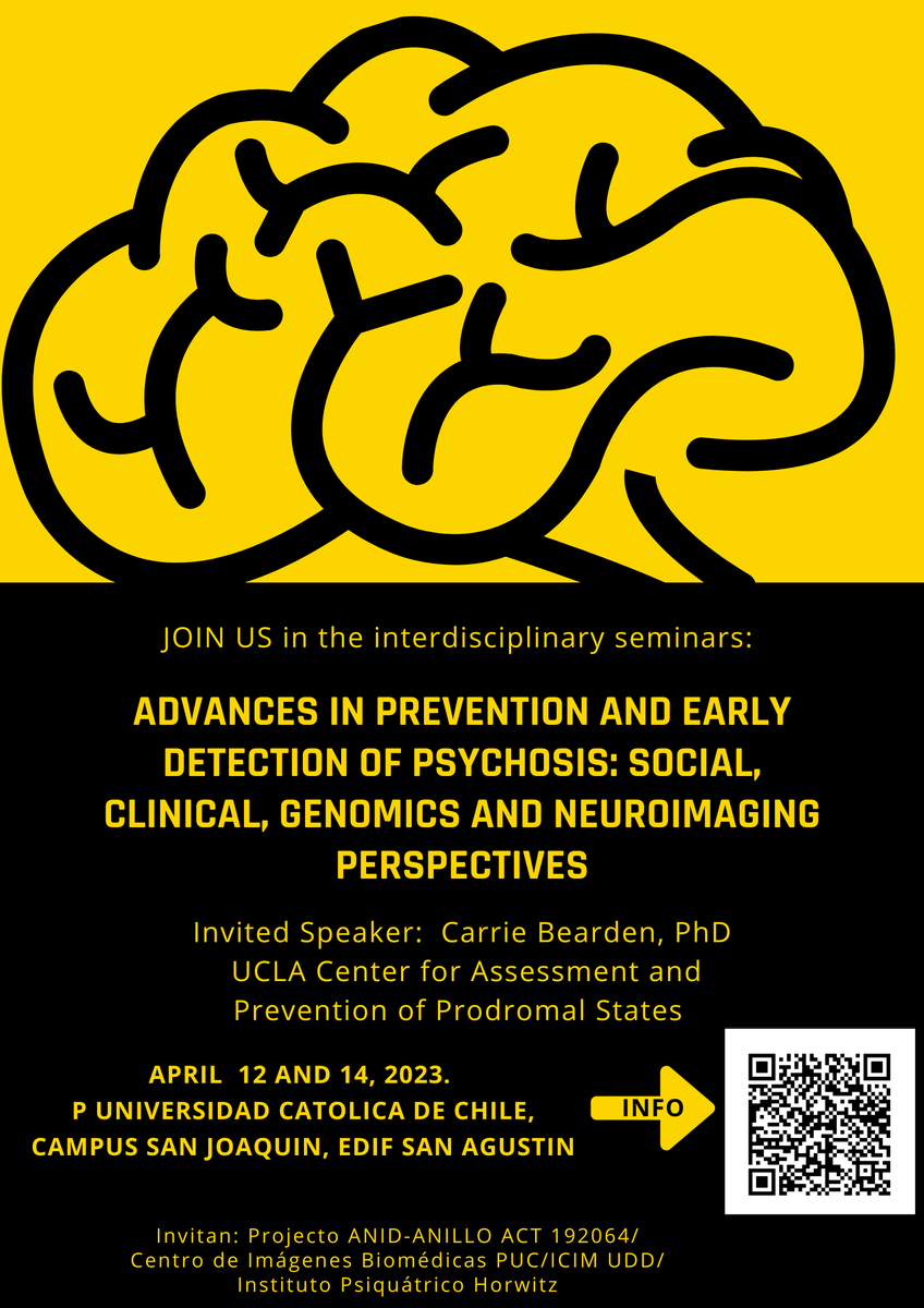 Para investigador@s y clinic@s en marcadores para predicción, dg precoz y prevención de #psicosis:  les invitamos a  conferencias el 12 y 14 de Abril en el Campus San Joaquin de la <a href="/ucatolica/">Universidad Católica</a>. Invitada: Carrie Bearden (@Winkytheelf) de <a href="/UCLA/">UCLA</a>.  #22qdeletion <a href="/sochigen/">Sociedad de Genética de Chile</a> <a href="/ICIMUDD/">Instituto de Ciencias e Innovación en Medicina</a>