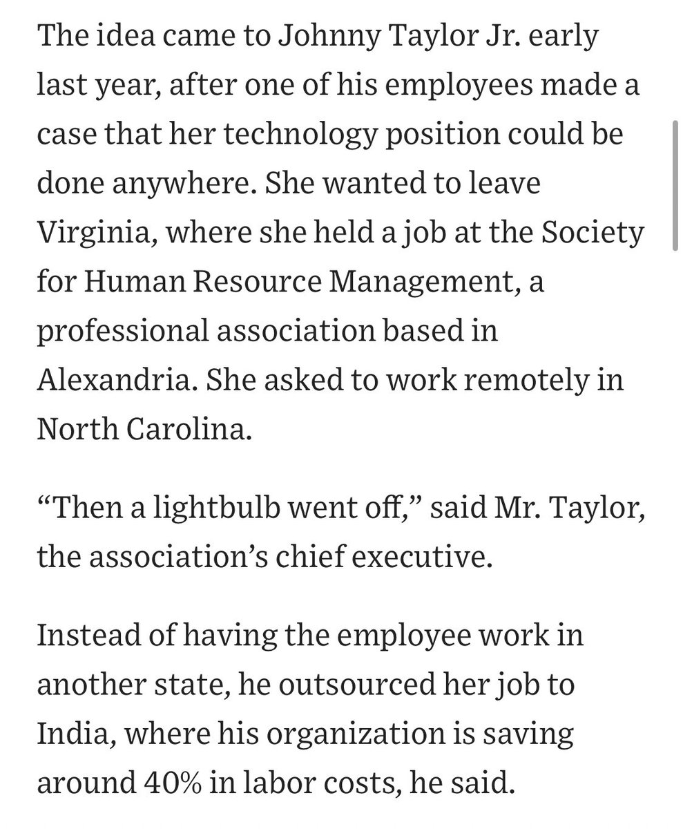 tomgara's tweet image. Employee: So I’ve been thinking, my job can be done from anywhere, would it be OK if I moved to North Carolina?

Boss: Actually that’s a great point, your job *can* be done from anywhere. But I’m thinking more of a Bangalore sort of vibe? wsj.com/articles/next-…