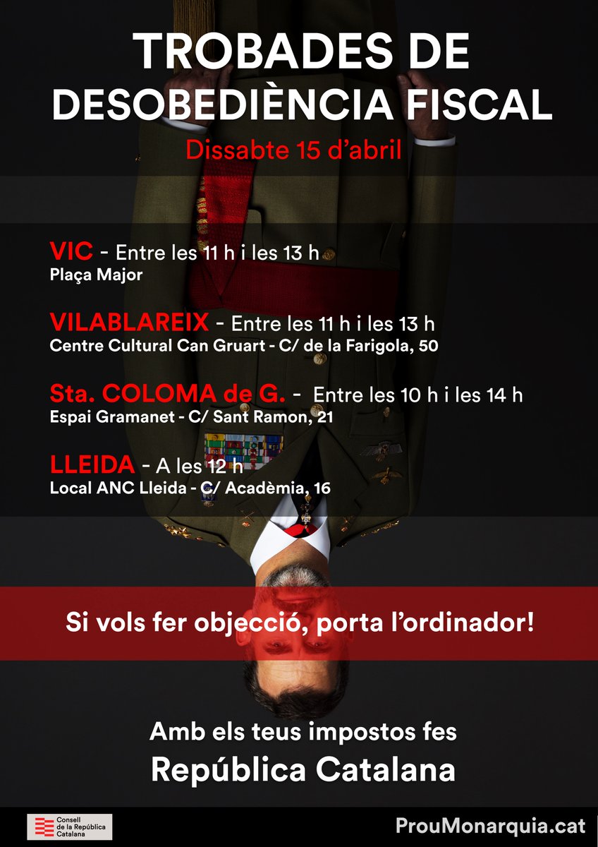 ConsellRep's tweet photo. 🔴Aquest dissabte vine a les trobades de desobediència fiscal a Vic, Vilablareix, Santa Coloma de Gramenet i Lleida.

💻No t’oblidis el portàtil!

Tota la informació a https://t.co/ixhVDKguxz 

#ProuMonarquia23
#PreparemNos https://t.co/szcM2QD5ht