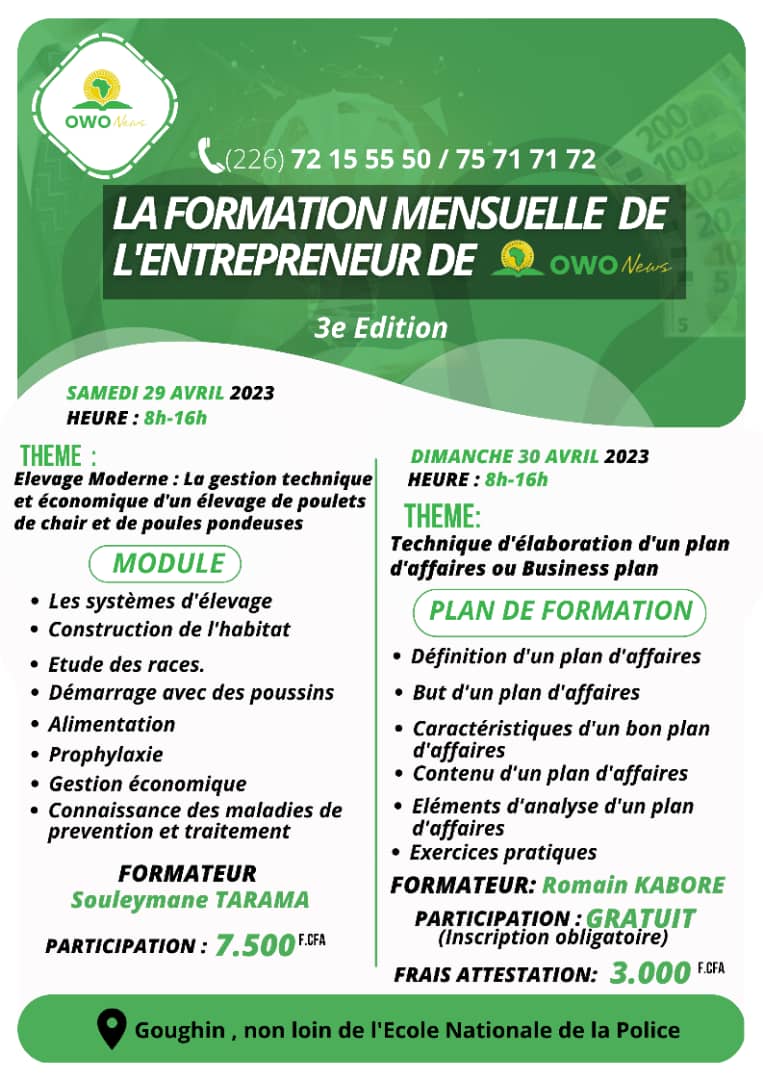 OWONEWS lance la 3ème édition de la " Formation Mensuelle de l'Entrepreneur"

Ne ratez pas ces opportunités!