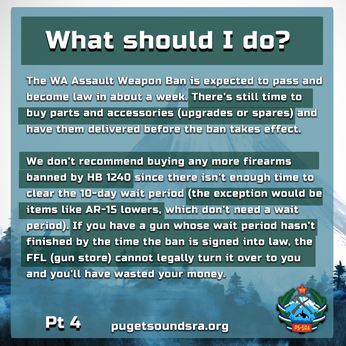 Washington State AWB has passed, read slides for more on the status of rifle ownership in WA, we will continue offering classes.