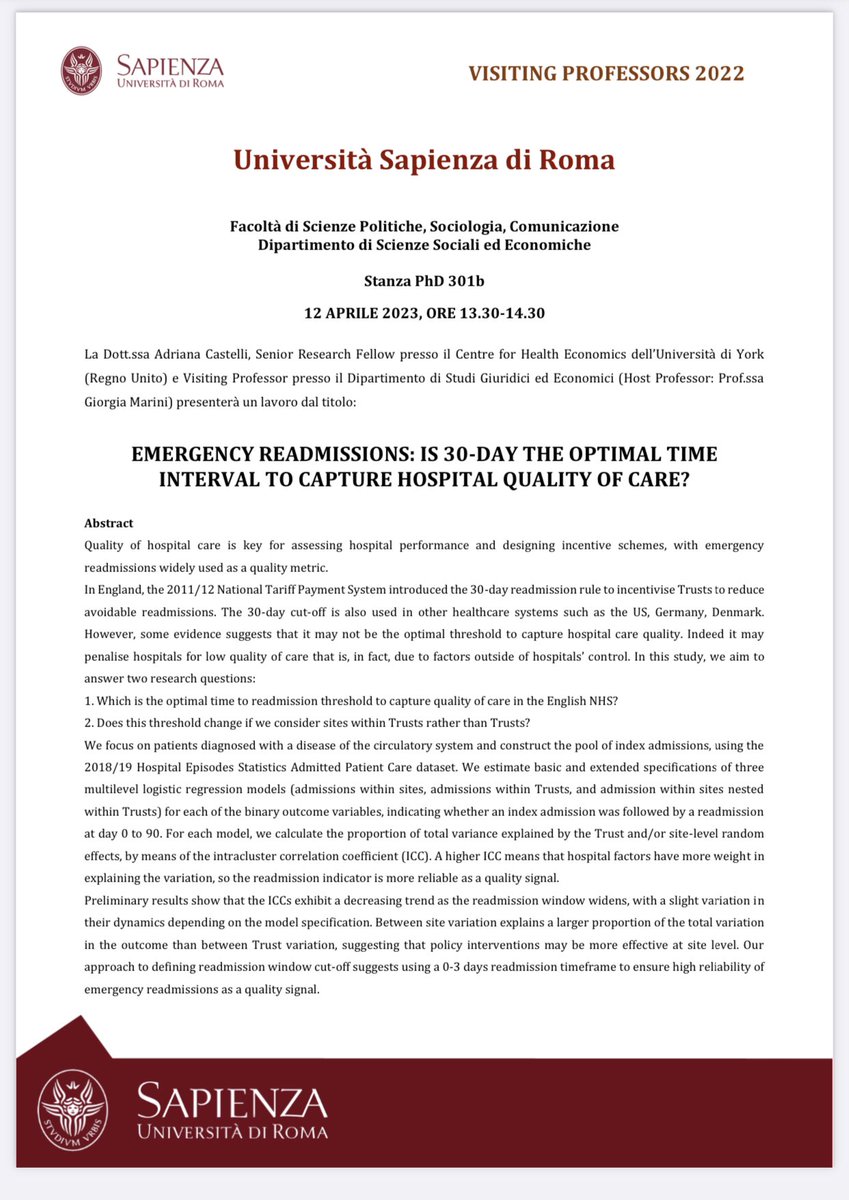 As part of her visiting, @CastelliAdriana will give a seminar tomorrow at #DiSSE @SapienzaRoma 

📝 EMERGENCY READMISSIONS: IS 30-DAY THE OPTIMAL TIME INTERVAL TO CAPTURE HOSPITAL QUALITY OF CARE?

📍stanza phd 301b
⏰ 1:30 pm

#emergency #readmissions
#hospital #quality #care