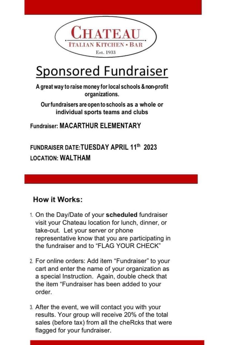 Planning for dinner tonight? Take the night off from cooking and support our MacArthur Restaurant Night at Chateau! 🍽️🍝🥗